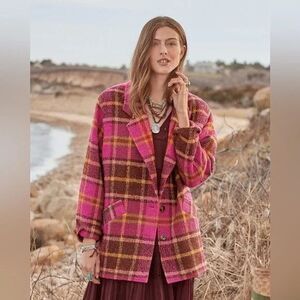 Sundance Ansley Plaid Coat Pink Brown Size Medium Petite Oversized BOHO Clueless